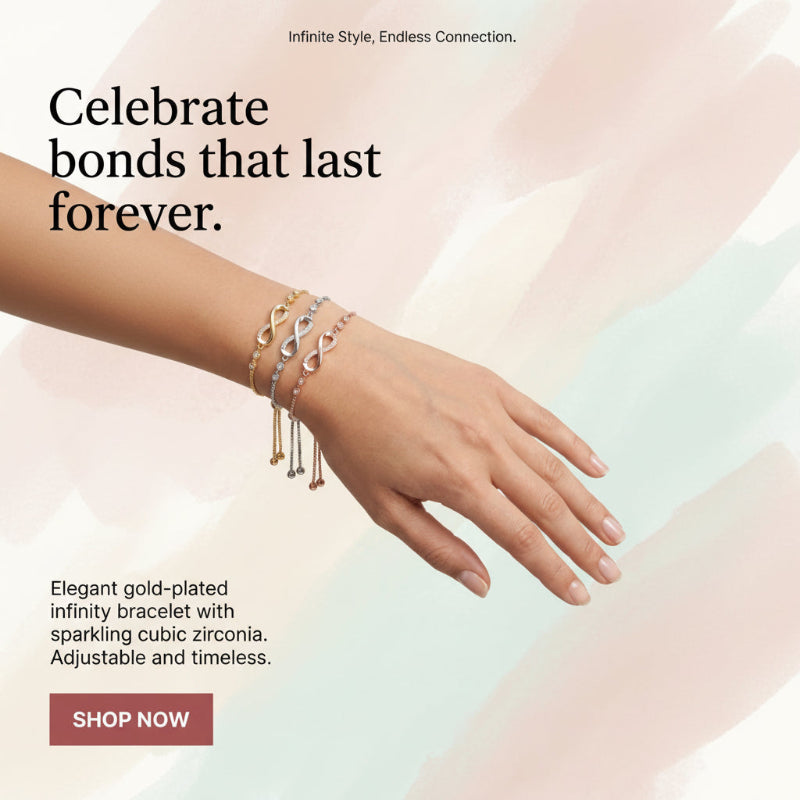 A hand wearing a delicate infinity bracelet with gold-toned and silver-toned chains and dangling charms, set against a soft pastel background with promotional text.