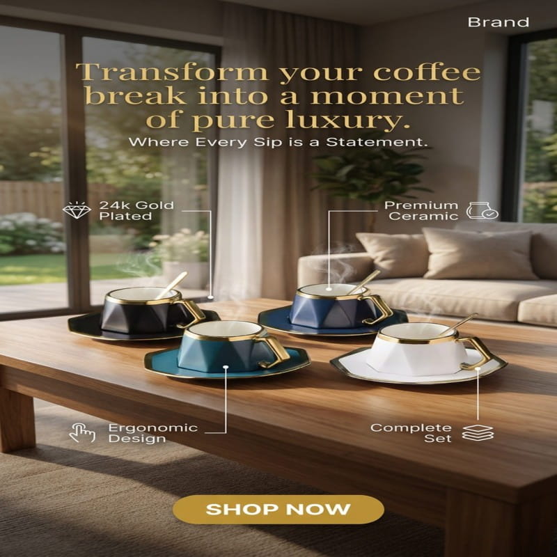 Gold Plated Luxury Tea Coffee Cup and Saucer Set With Spoon