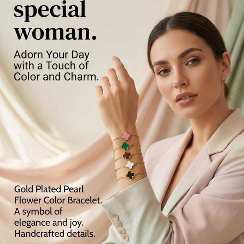 A woman in a light blazer models a bracelet on her wrist against a soft draped beige background. The ad includes text promoting a gold-plated pearl flower color bracelet and a pink 'SHOP NOW' button.