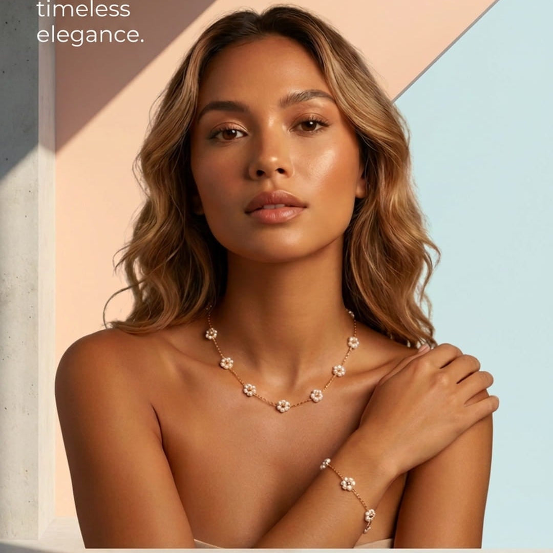 Gold Plated Pearl Flower Necklace & Bracelet