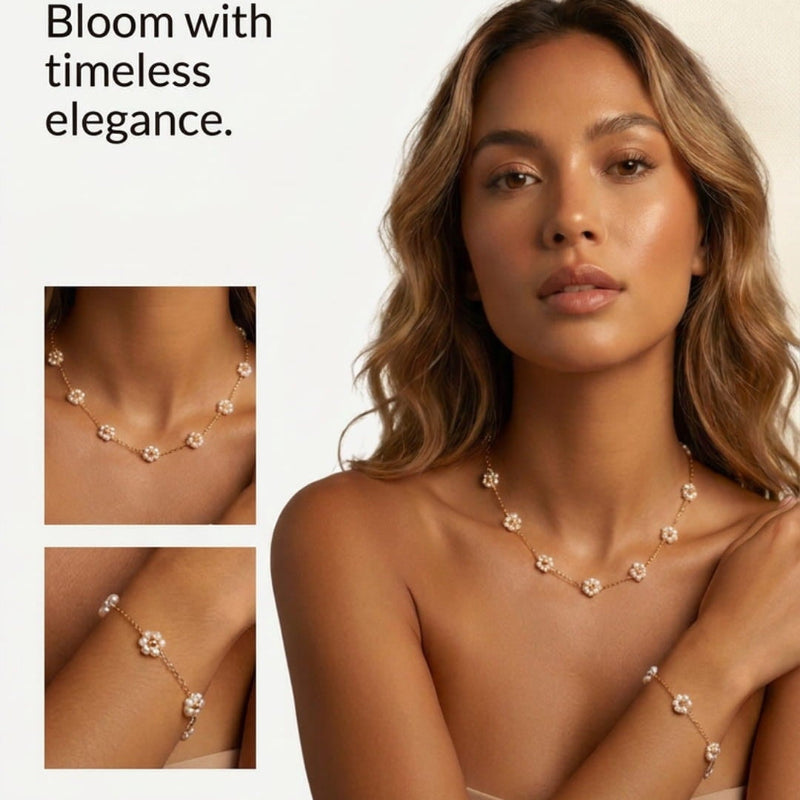 A promotional beauty/lifestyle graphic with text reading 'Embrace the delicate beauty of nature every every day. Bloom with timeless elegance.