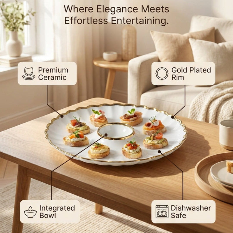 Gold plated round tray by NOVA, featuring a smooth, shiny surface ideal for serving or decorative use.