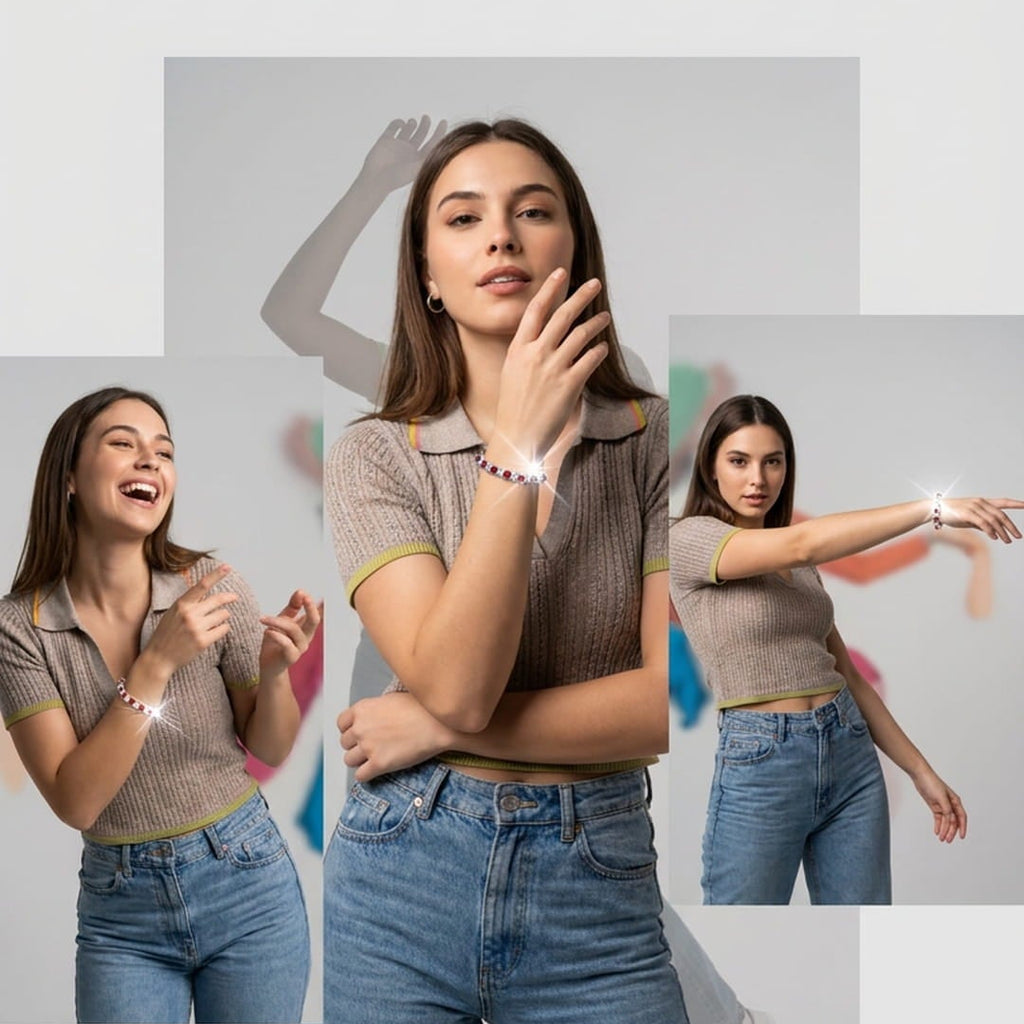 A promotional collage showing a woman modeling a glowing smartwatch on her wrist in three poses against a light gray background, with marketing text at the top reading, 'From day to night, elevate your style with captivating color and shine. Sparkle with timeless elegance.