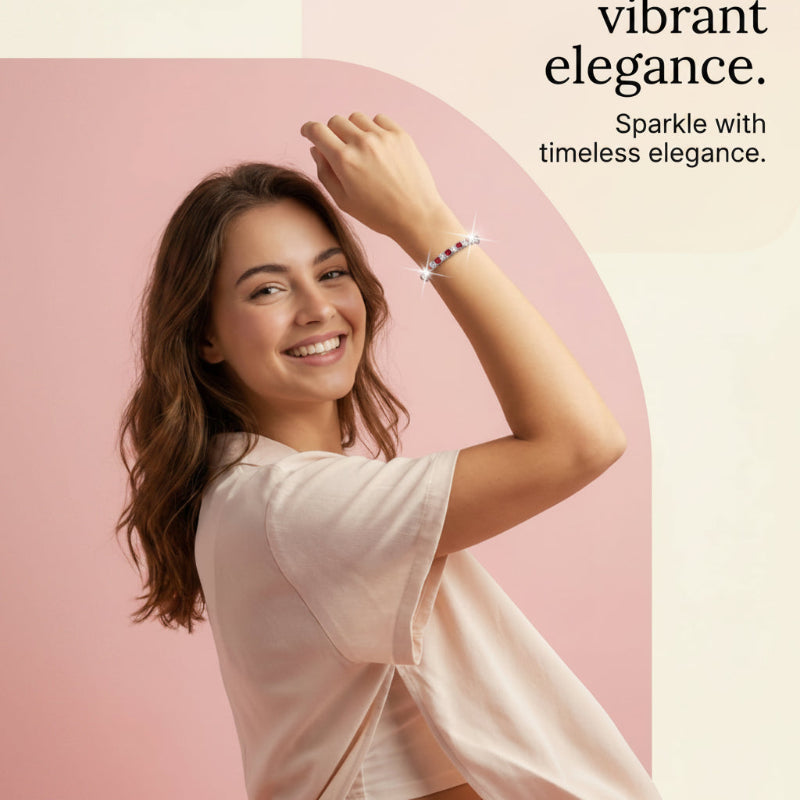 A smiling woman in a light pink draped top and matching bottoms poses against a soft pink and cream graphic background with promotional text and a 'SHOP NOW' button.