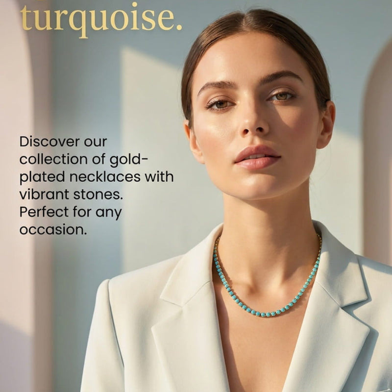 A promotional fashion ad featuring a woman in a white blazer wearing a turquoise necklace. Large text reads 'Elevate your everyday style with a splash of vibrant turquoise.