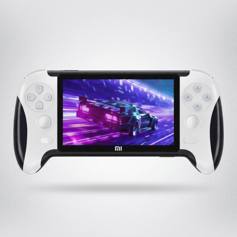 A white and black handheld gaming console with a screen showing a purple sports car scene, photographed against a light gray gradient background. The console has thumbsticks on both sides, a central screen, and a small 'mi' logo below it.