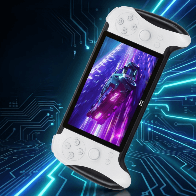 A handheld gaming console with a white body and black grip areas, shown at an angle with its screen illuminated and displaying a futuristic purple scene. The background is a dark blue circuit-board graphic with glowing neon lines.
