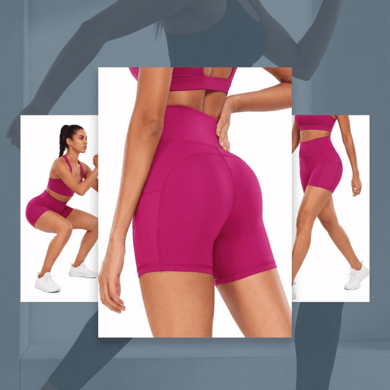 NOVA high waist women's fitness shorts with built-in phone pocket, made for comfortable activewear and workout sessions.