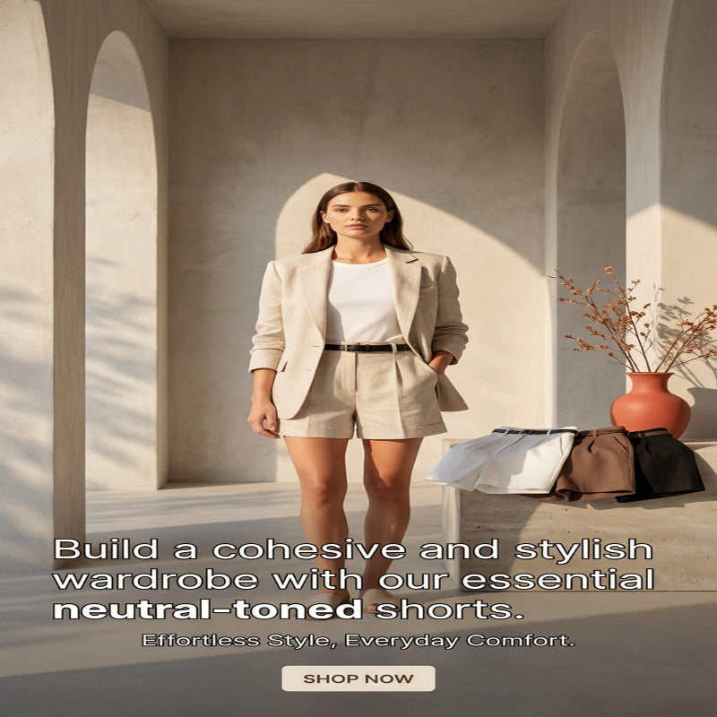 A woman stands in a sunlit architectural corridor wearing a neutral beige tailored blazer and matching shorts over a white top. Text at the bottom reads, 'Build a cohesive and stylish wardrobe with our essential neutral-toned shorts.