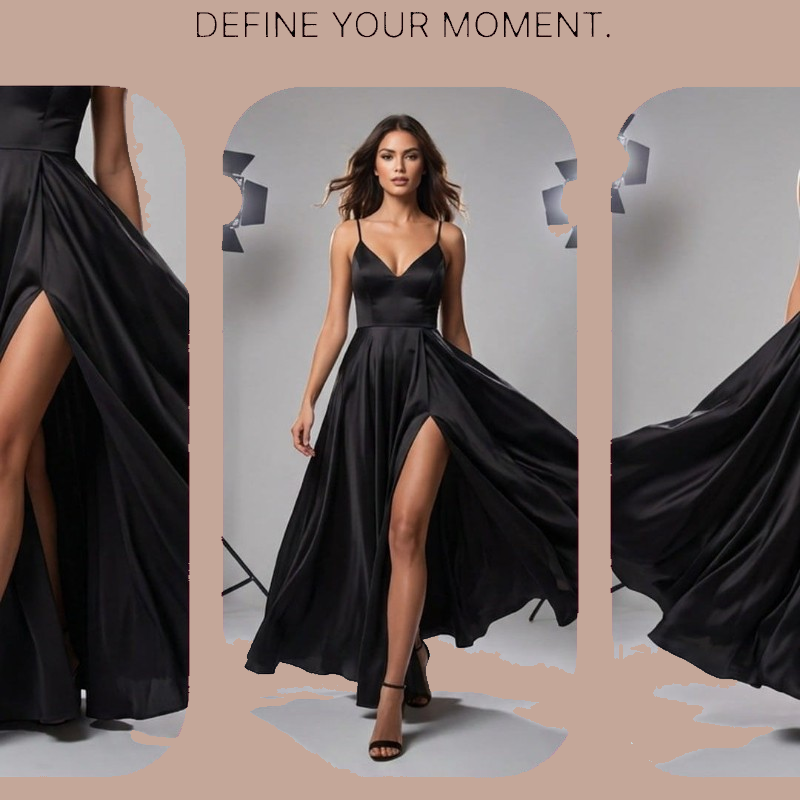 A woman models a black satin-like evening gown with thin straps, a deep V-neckline, and a high thigh slit. The image uses a collage layout with three vertical panels and the text 'DEFINE YOUR MOMENT.