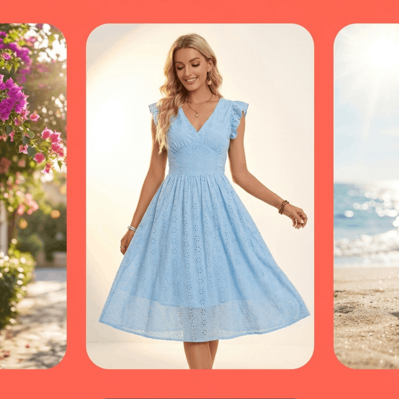 NOVA women's dress with lotus leaf sleeves, slimming fit, V-neck design, elegant style, in a flattering silhouette.