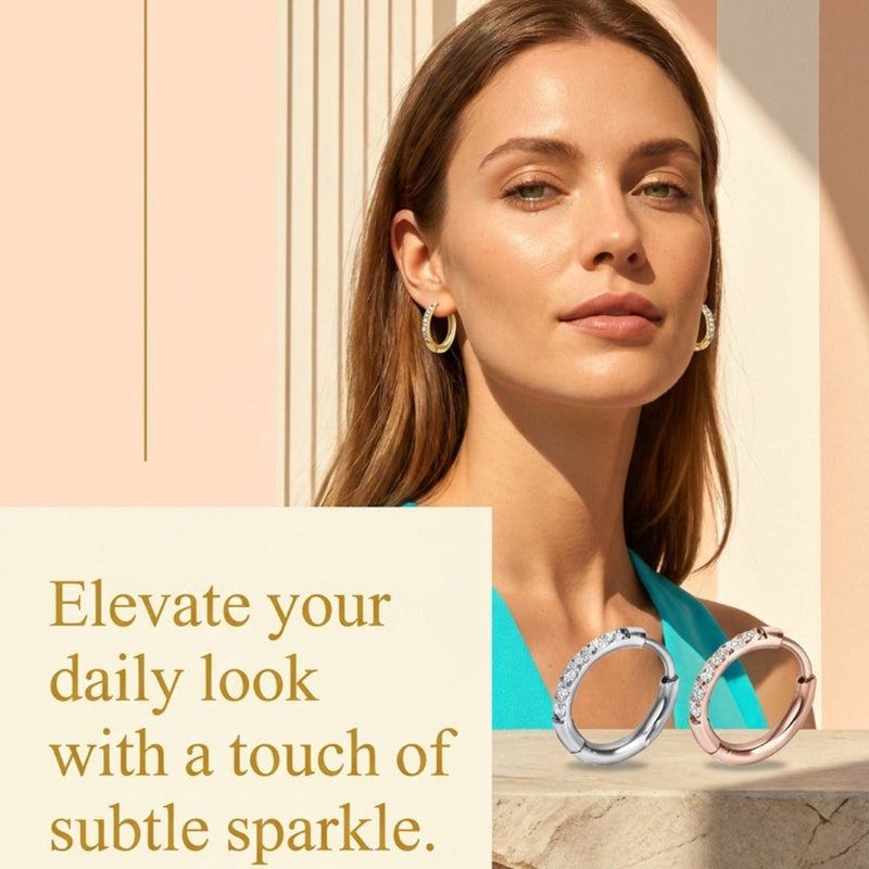 A promotional fashion graphic featuring a woman with long light brown hair wearing small gold hoop earrings and a turquoise top, with a pair of round silver-framed sunglasses resting on a stone ledge. Text on the left reads, 'Elevate your daily look with a touch of subtle sparkle.