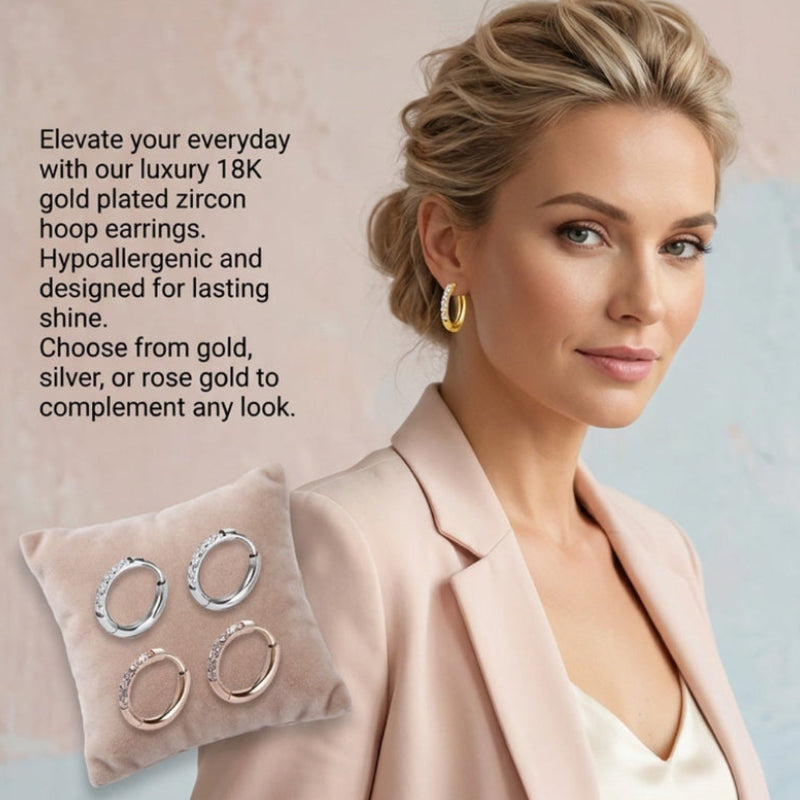 A promotional fashion ad featuring a woman in a blush pink blazer wearing gold hoop earrings, with a smaller inset showing three pairs of gold-plated hoop earrings. Text reads 'Find your perfect match: three stunning finishes for every style.