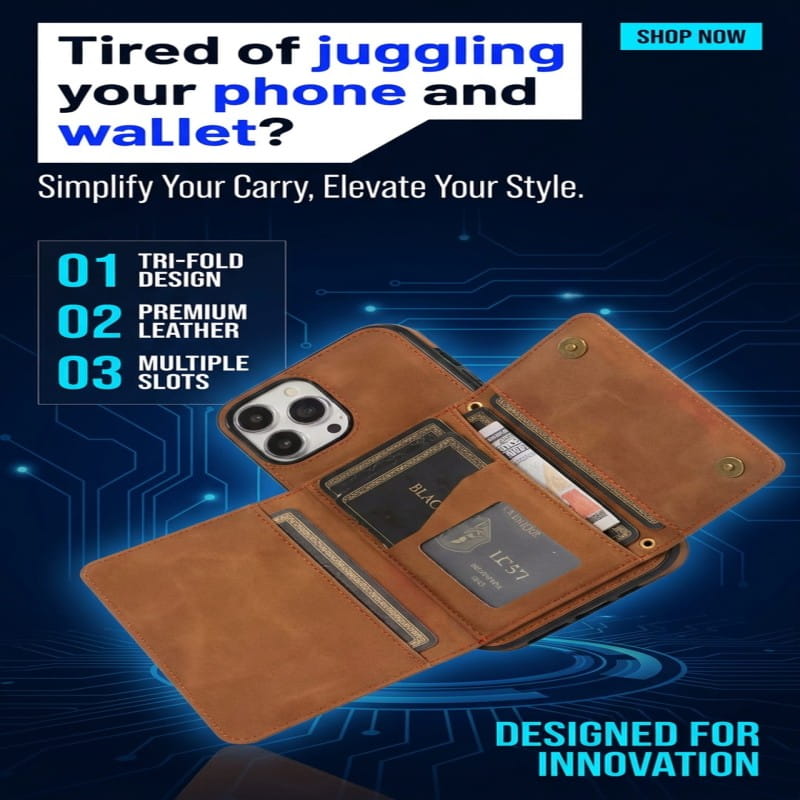 Luxury Tri Fold Leather Folding Card Wallet Flip Cover Credit Card Phone Case for iPhone 13 14 15 Pro Max