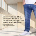 A person wearing blue denim jeans and white sneakers stands in a modern interior with wood paneling and large windows. Text on the left reads, 'Experience the perfect blend of modern design and lasting comfort.