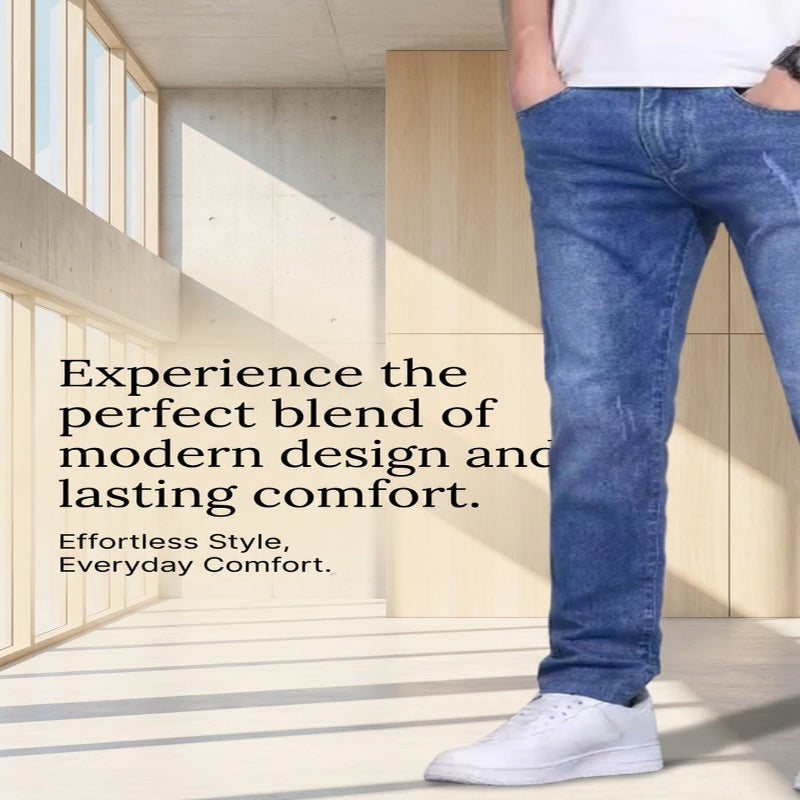 A person wearing blue denim jeans and white sneakers stands in a modern interior with wood paneling and large windows. Text on the left reads, 'Experience the perfect blend of modern design and lasting comfort.