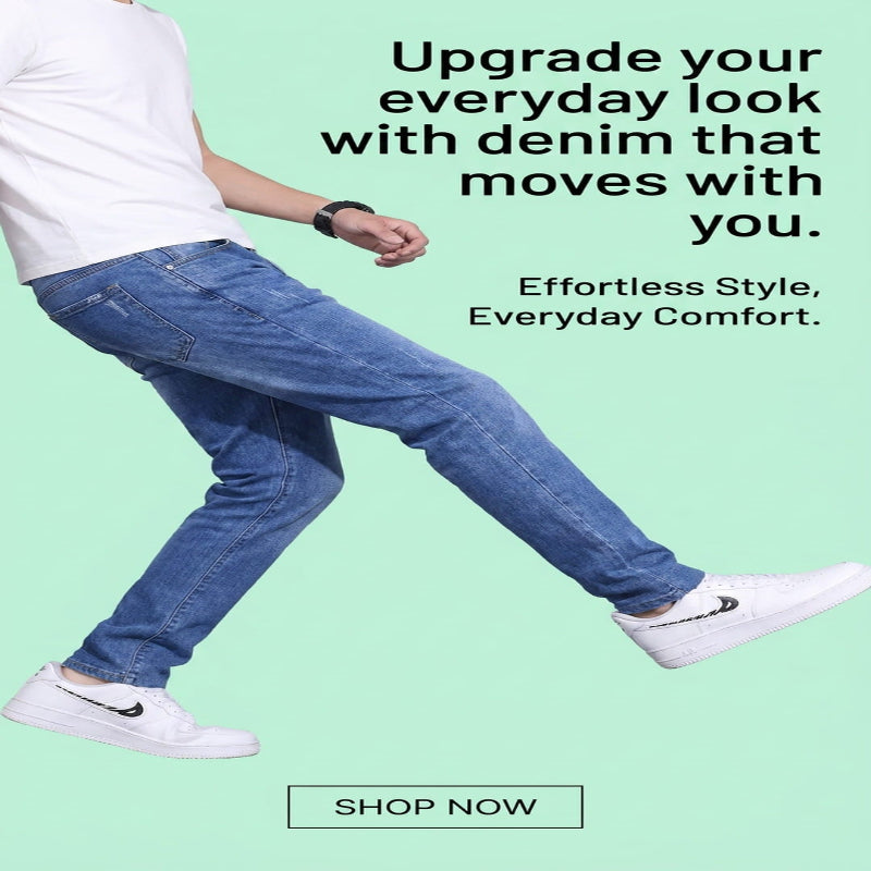 A person wearing blue denim jeans, a white t-shirt, and white sneakers walking against a light mint green background with promotional text about denim that moves with you.