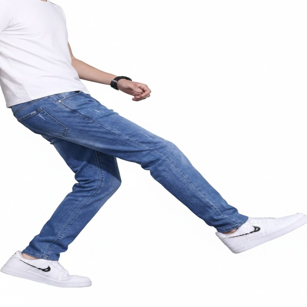 Person wearing blue jeans and white sneakers on a white background