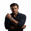 Man wearing multiple bracelets on a white background