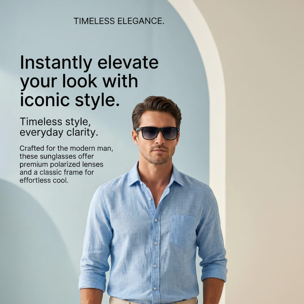 A man wearing blue sunglasses and a light blue button-up shirt with beige pants, standing against a light blue and white arched background. Text on the left reads 'TIMELESS ELEGANCE.
