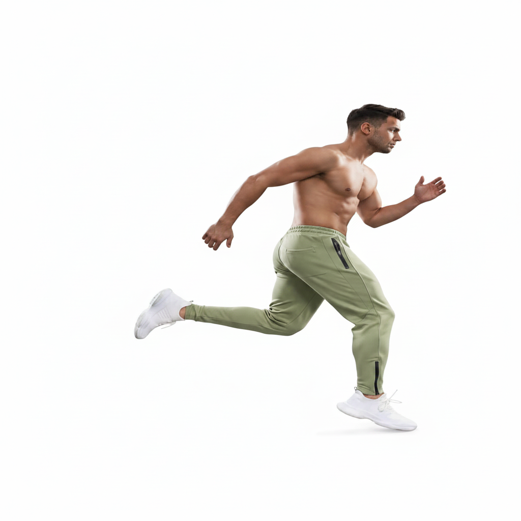 Man running in green athletic pants on a white background