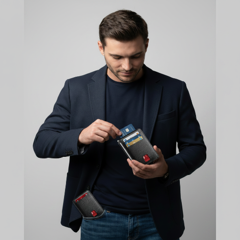 Man in a dark suit holding a cardholder with multiple cards on a plain background