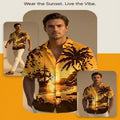 A promotional graphic for a men's short-sleeve button-up shirt. The main panel shows a man wearing the shirt, which has a yellow-orange sunset and palm tree print.