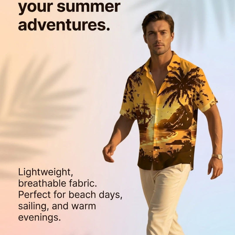 A man walking in a tropical sunset print short-sleeve button-up shirt and cream pants on a light blue gradient background with text promoting comfort and breathable fabric for summer adventures.