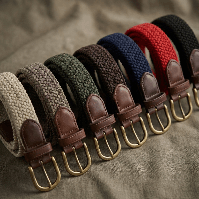 Six woven belts in beige, taupe, olive green, brown, navy blue, red, and black, each with brown leather accents and brass-tone metal buckles, arranged diagonally on a textured neutral fabric background.
