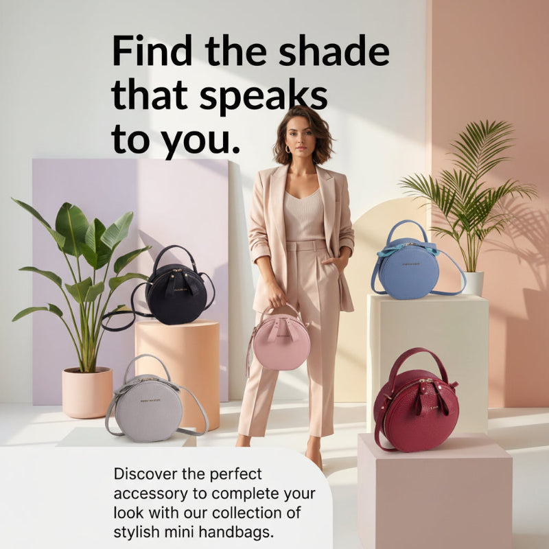 A promotional ad for stylish mini handbags featuring a woman in a beige suit holding a pink bag, surrounded by several mini handbags in black, blue, gray, pink, and burgundy on pastel display blocks.