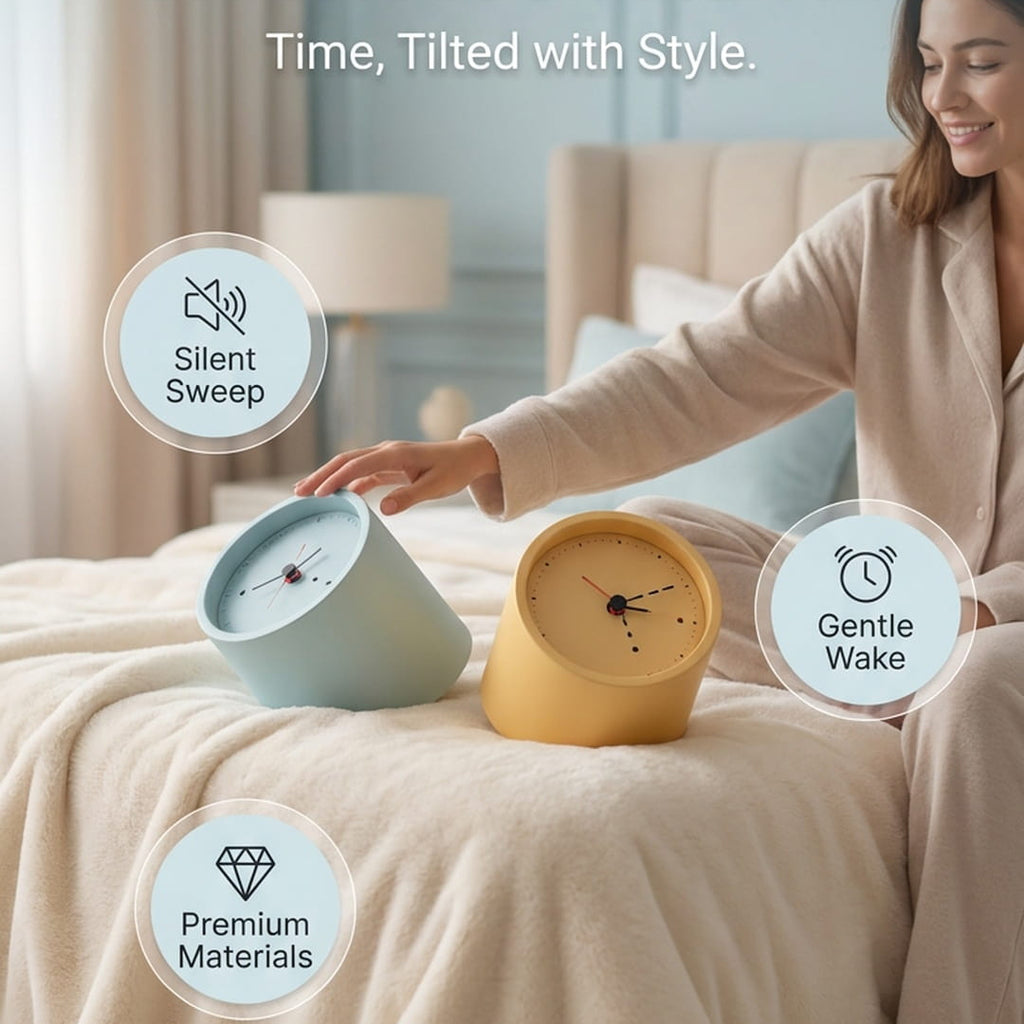 A woman in a beige robe reaches toward two modern alarm clocks on a bed in a softly lit bedroom. White marketing text at the top reads, 'Tired of mundane timepieces? Discover a clock that's a conversation starter.