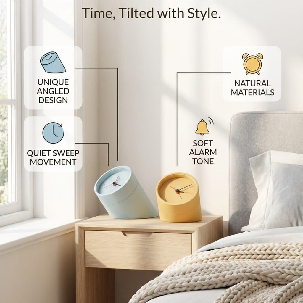 A modern bedside alarm clock in a warm yellow-orange hue sits on a light wood nightstand next to a light blue version of the same clock in a styled bedroom setting. The image includes marketing text overlays highlighting features like 'Unique Angled Design', 'Quiet Sweep Movement', 'Natural Materials', and 'Soft Alarm Tone'.