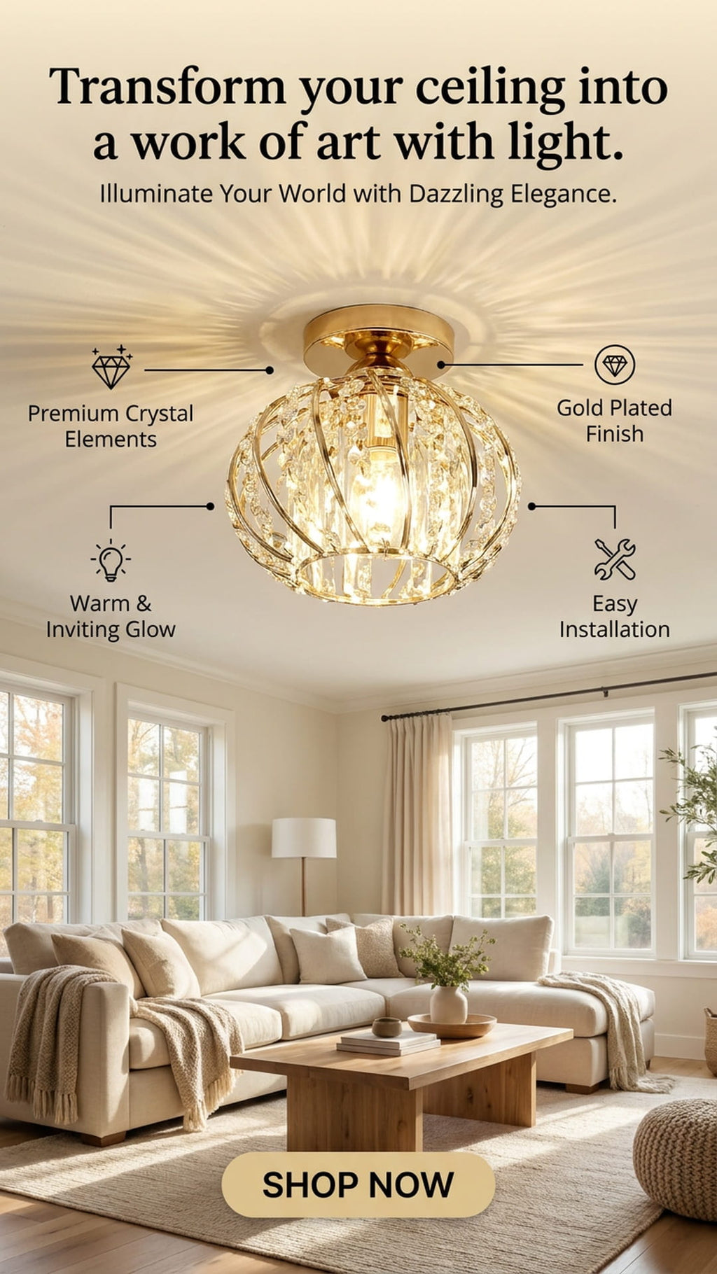 Modern Luxury Crystal Ceiling Lights Gold Indoor