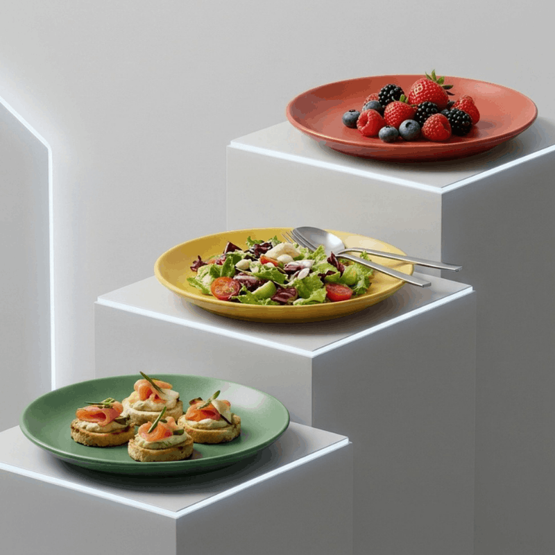 Three ceramic serving plates in coral red, yellow, and sage green, styled with food on white geometric risers against a light gray background.
