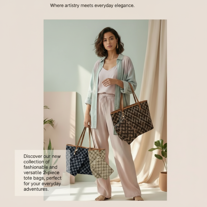 A woman stands indoors holding three large tote bags with different color and pattern designs. The scene includes large promotional text on a beige background, with the woman and bags serving as the main visual subject.