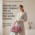 A woman models a dusty pink leather handbag with gold hardware and a bow, styled with a long, flowing pale green and pink dress. The image features promotional text on the left and a 'SHOP NOW' button at the bottom.