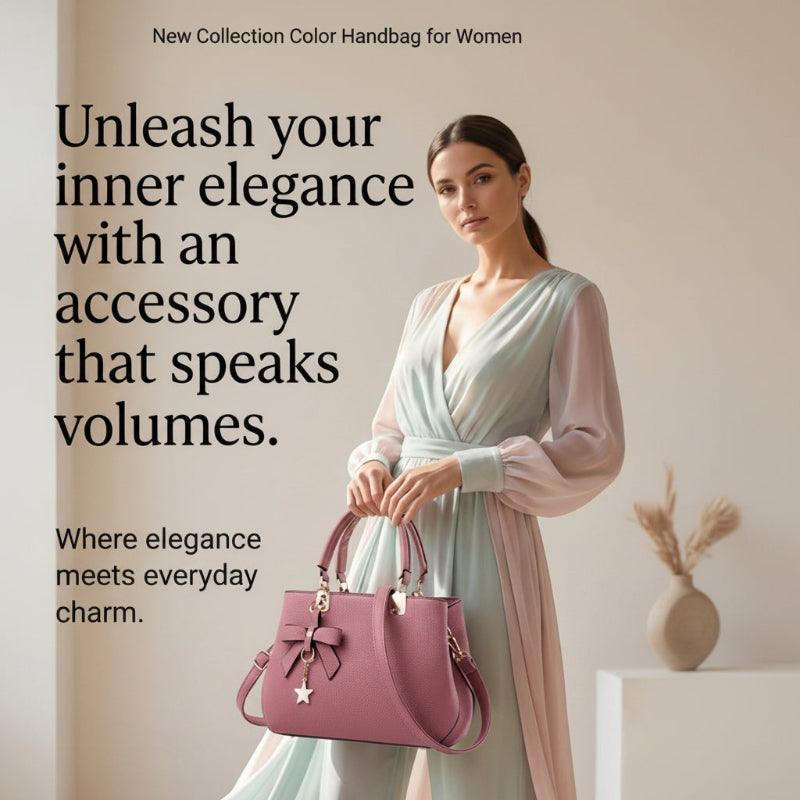 A woman models a dusty pink leather handbag with gold hardware and a bow, styled with a long, flowing pale green and pink dress. The image features promotional text on the left and a 'SHOP NOW' button at the bottom.
