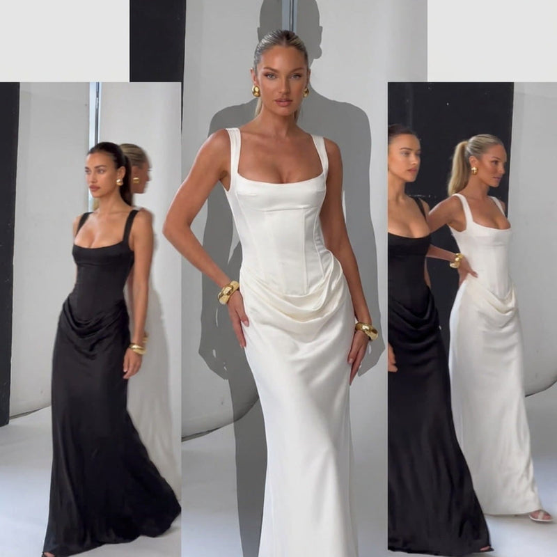 A fashion promotional collage showing a woman modeling a floor-length gown in two colorways: a black sleeveless draped evening dress and a white draped evening dress. Large text at the top reads, 'EMBRACE THE POWER OF CHOICE: ICONIC BLACK OR PRISTINE WHITE, BOTH EQUALLY CAPTIVATING.