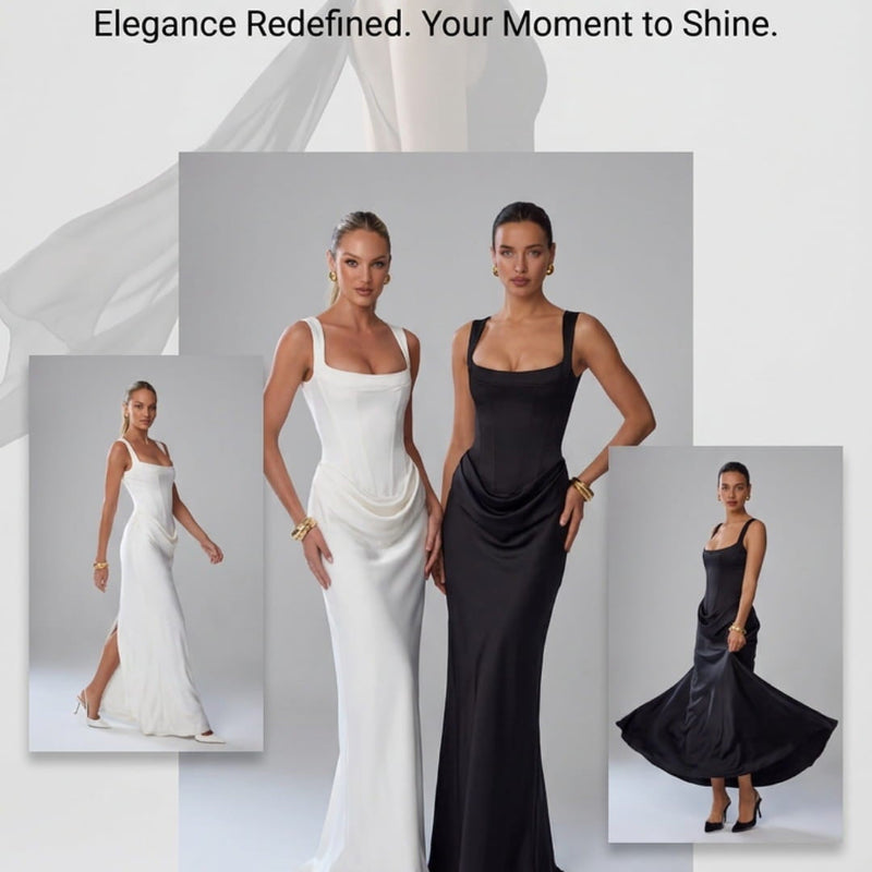 Three fashion models pose in elegant floor-length evening gowns against a light gray studio background, with promotional text at the top reading 'Elegance Redefined. Your Moment to Shine.