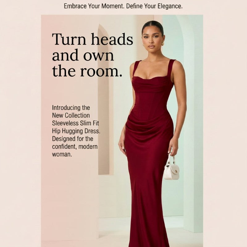A woman modeling a sleeveless, hip-hugging floor-length dress in deep burgundy against a pale pink and white architectural background, with promotional text on the left.