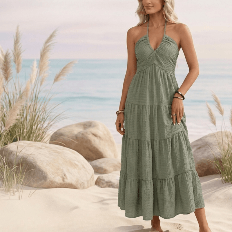 NOVA women's collarless beach vacation dress with a relaxed, stylish design perfect for summer and seaside outings.
