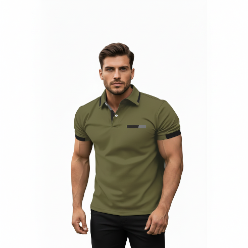 Man wearing a green polo shirt with black accents on a white background