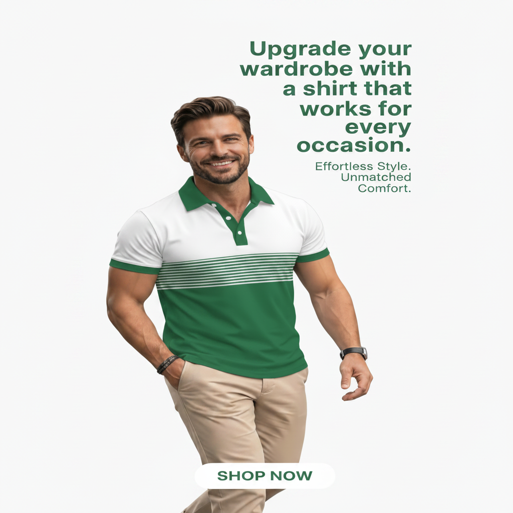 Man wearing a green and white striped polo shirt with text about style and comfort.