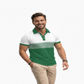 Man wearing a green and white striped polo shirt on a white background