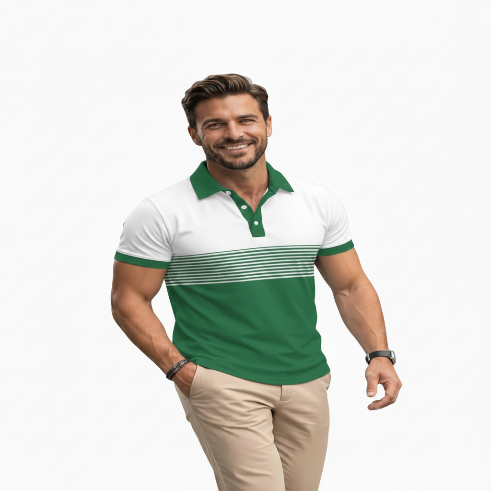 Man wearing a green and white striped polo shirt on a white background