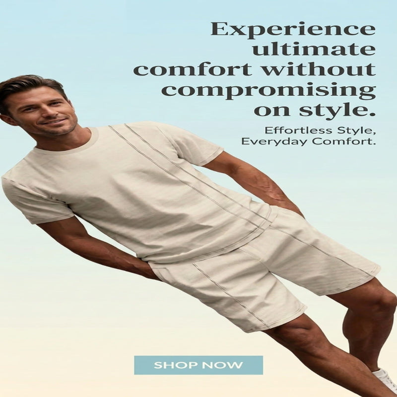 A man wearing a light beige short-sleeve t-shirt and matching shorts poses dynamically against a light blue and beige gradient background with promotional text and a 'SHOP NOW' button.