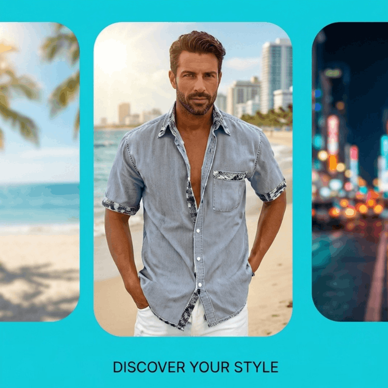 A man wearing a light blue short-sleeve button-up shirt with patterned trim on the collar, cuffs, and chest pocket, standing on a beach with a city skyline in the background. The image is framed in a graphic layout with turquoise borders and the text 'DISCOVER YOUR STYLE' at the bottom.