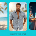 A man wearing a light blue short-sleeve button-up shirt with patterned trim on the collar, cuffs, and chest pocket, standing on a beach with a city skyline in the background. The image is framed in a graphic layout with turquoise borders and the text 'DISCOVER YOUR STYLE' at the bottom.