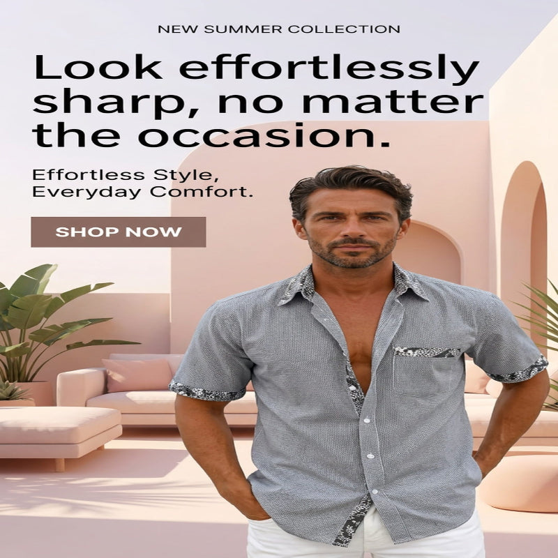 A man wearing a light gray short-sleeve button-up shirt with patterned trim on the collar and sleeve cuffs, posed in a modern, sunlit pink architectural interior. Large promotional text at the top reads 'Look effortlessly sharp, no matter the occasion.