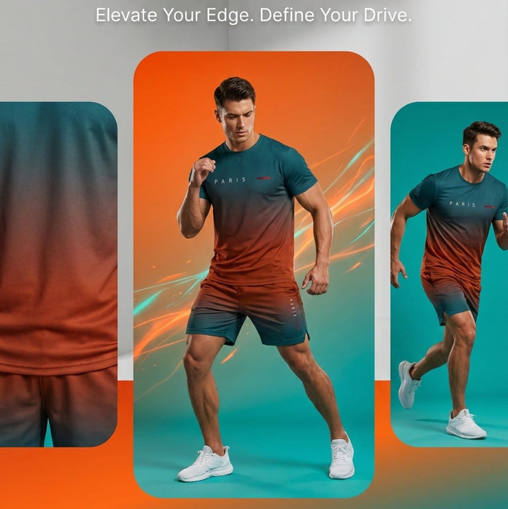 Promotional graphic for a summer athletic collection showing a male model in a dark teal and orange gradient t-shirt and matching shorts, with text reading 'Make a statement with bold colors and a dynamic gradient that sets you apart.' and three cropped views of the apparel.